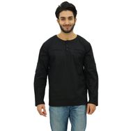 Atasi Kurta Yuvarlak Yaka Pamuklu Kıvrılabilir Kollu Siyah Erkek Gömlek