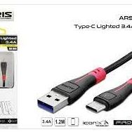 Auris ARS-CB26 3.4A 1.2 mt Işıklı Örgülü Fast Type-C Zore Data Şarj Kablosu
