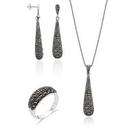Aykat SET-300 Markazit Taşlı Üçlü Set Küpe Kolye Ucu Model Gümüş Yüzük
