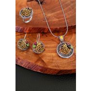 Aykat SET-326 Kök Yakut ve Zümrüt Taşlı Tuğralı Otantik Telkari Set Küpe Kolye Gümüş Yüzük