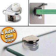Badem10 4 Adet Raf Ahşap Cam Etejer Metal Pimli Krom Plastik Vidalı Cam Tutucu