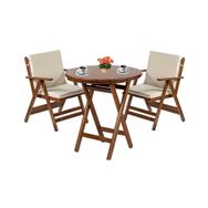 Bahçeme Antalya Ahşap 70 cm Yuvarlak Masa + 2 Minderli Sandalye Katlanır Bahçe Balkon Seti