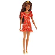 Barbie Fashionistas Bebek No 182 Uzun ve Dalgalı Koyu Renk Saçlı Saç Bandlı Fırfır Detaylı ve Çiçek Desenli Turuncu Elbiseli Oyuncak Bebek