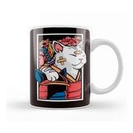 Baskı Dükkanı Japanese Art Cat Samurai Ninja Katana Warrior Kendo Sword Porselen Beyaz Kupa Bardak