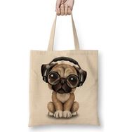 Baskı Dükkanı Müzik Pug Köpek Bez Uzun Saplı Krem Rengi Çanta