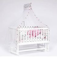 Bebeget B03 Süper 60X120 cm Natural Ahşap Beşik 4 Kademeli Beyaz Anne Yanı Sallanır Pembe Ay Uyku Seti ve Yataklı Beşik
