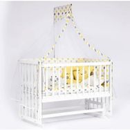 Bebeget B09 Süper 60X120 cm Natural Ahşap Beşik 4 Kademeli Beyaz Anne Yanı Sallanır Sarı Ay Uyku Seti ve Yataklı Beşik