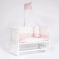 Bebeget B10 Süper 60X120 cm Natural Ahşap Beşik 4 Kademeli Beyaz Anne Yanı Sallanır Pembe Star Uyku Seti ve Yataklı Beşik