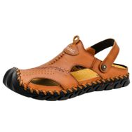 Bestgift Açık Kahverengi Büyük Boy Deri Rahat Erkek Sandalet