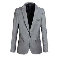 Bestgift Blazer Gri Dar Kesim Tek Düğmeli Uzun Kollu Erkek Ceket