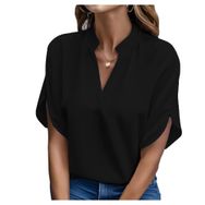 Bestgift Casual Siyah V Yaka Düz Kadın Gömlek