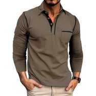 Bestgift Colorblocking Kahverengi Uzun Kollu Polo Yaka Günlük Erkek Tişört