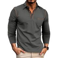 Bestgift Colorblocking Koyu Gri Uzun Kollu Polo Yaka Günlük Erkek Tişört