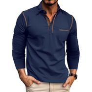 Bestgift Colorblocking Mavi Royal Blau Uzun Kollu Polo Yaka Günlük Erkek Tişört