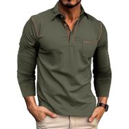 Bestgift Colorblocking Ordu Yeşili Uzun Kollu Polo Yaka Günlük Erkek Tişört