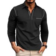 Bestgift Colorblocking Siyah Uzun Kollu Polo Yaka Günlük Erkek Tişört