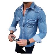 Bestgift Denim Mavi Light Blue Uzun Kollu Erkek Gömlek Ceket