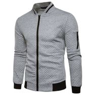 Bestgift Ekose Açık Gri Dik Yaka Rahat Fermuar Erkek Ceket