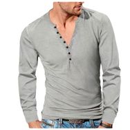 Bestgift Henley Açık Gri V Yaka Düğmeli İnce Düz Erkek Uzun Kollu T-shirt