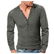 Bestgift Henley Koyu Gri V Yaka Düğmeli İnce Düz Erkek Uzun Kollu T-shirt