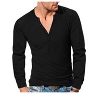 Bestgift Henley Siyah V Yaka Düğmeli İnce Düz Erkek Uzun Kollu T-shirt