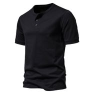 Bestgift Henry Siyah Üç Düğmeli Erkek Kısa Kollu T-shirt