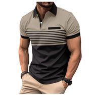 Bestgift Polo Bej Fermuar Baskılı Çizgili Kısa Kollu Erkek Gömlek