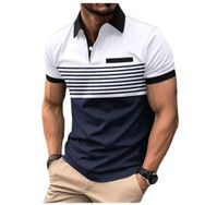 Bestgift Polo Beyaz Fermuar Baskılı Çizgili Kısa Kollu Erkek Gömlek