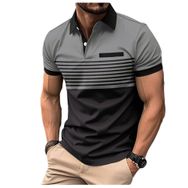 Bestgift Polo Gri Fermuar Baskılı Çizgili Kısa Kollu Erkek Gömlek