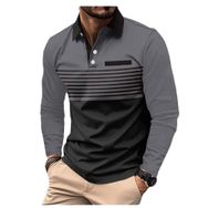 Bestgift Polo Gri Uzun Kollu Çizgili Baskılı Erkek Gömlek