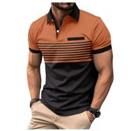 Bestgift Polo Kahve Fermuar Baskılı Çizgili Kısa Kollu Erkek Gömlek