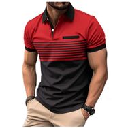 Bestgift Polo Kırmızı Fermuar Baskılı Çizgili Kısa Kollu Erkek Gömlek