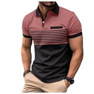 Bestgift Polo Küpe Çiçeği Fermuar Baskılı Çizgili Kısa Kollu Erkek Gömlek