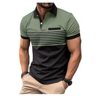 Bestgift Polo Yeşil Fermuar Baskılı Çizgili Kısa Kollu Erkek Gömlek