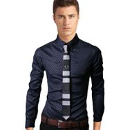Bestgift Slim Fit Koyu Mavi Kent Yaka Uzun Kollu Erkek Gömlek