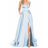 Bestgift Straplez Mavi Light Blue Uzun Kadın Abiye