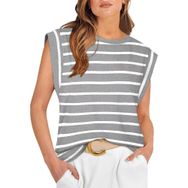 Bestgift Top Tank Top Gri Şerit Yuvarlak Yaka Çizgili Kolsuz Kadın T-shirt