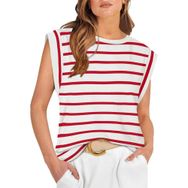 Bestgift Top Tank Top Kırmızı Çizgi Yuvarlak Yaka Çizgili Kolsuz Kadın T-shirt
