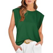 Bestgift Top Tank Top Koyu Yeşil Yuvarlak Yaka Çizgili Kolsuz Kadın T-shirt