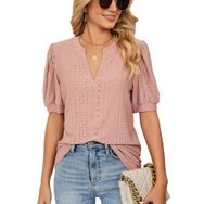 Bestgift Tops Casual Deri Tozu Kabarcık Kol Düz Kadın T-Shirt