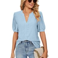 Bestgift Tops Casual Mavi Sky Blue Kabarcık Kol Düz V Yaka Kadın T-Shirt