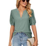 Bestgift Tops Casual Yeşil Kabarcık Kol Düz V Yaka Kadın T-Shirt