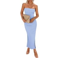 Bestgift Tüp Mavi Light Blue Askısız Uzun Etek Yan Yarık Kadın Elbise