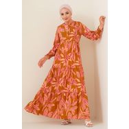 Bigdart 2145 Taba Desenli Tesettür Kadın Elbise
