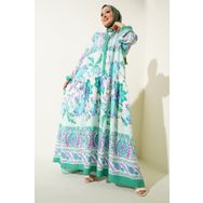 Bigdart 2423 Mint Otantik Desenli Tesettür Kadın Elbise