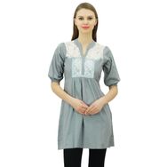 Bimba Kurti Düz Desen Dantel Puf Kollu Gri Kurta Kadın Tunik