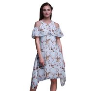 Bimba Swing Flutter Soğuk Omuz Açık Lavanta Mavisi Midi Kadın Elbise