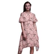 Bimba Swing Flutter Soğuk Omuz Açık Pembe Somon Midi Kadın Elbise