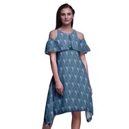 Bimba Swing Flutter Soğuk Omuz Koyu Cam Göbeği Mavisi Midi Kadın Elbise