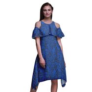 Bimba Swing Flutter Soğuk Omuz Mavi Midi Kadın Elbise